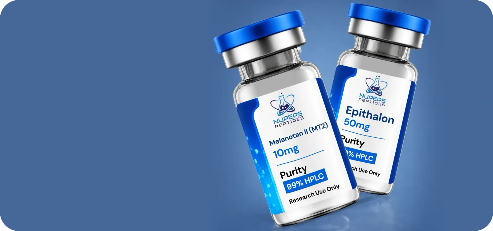 Two NUPEPS Peptides vials showing purity and research-use labels